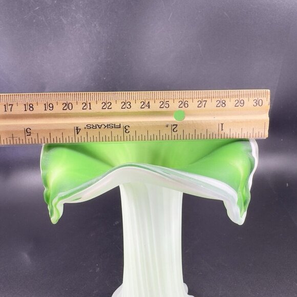 1970s Frosted Green Leaf Shaped Top Glass Vase Vessel Jack In The Pulpit Vintage - Picture 4 of 16